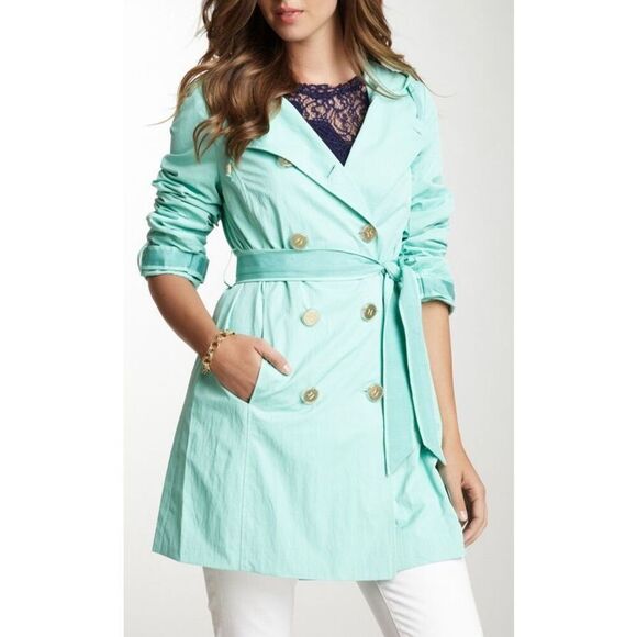 Tahari Womens Mint Green TRENCH RainCoat Tie Belt Button Lightweight - Picture 1 of 10